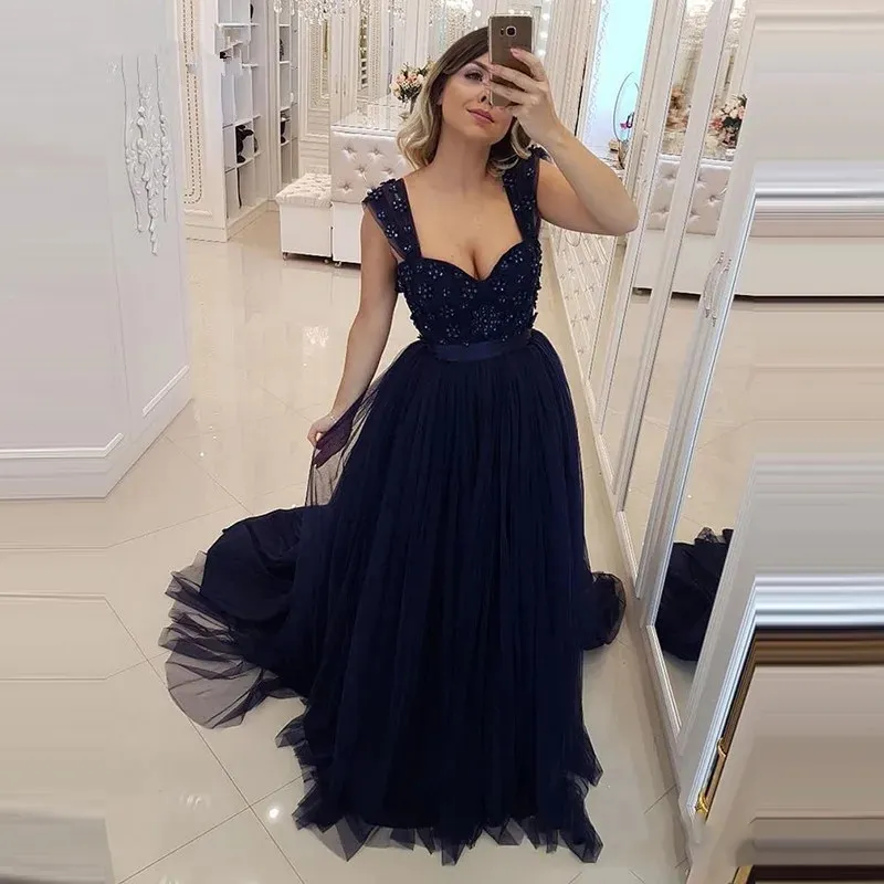 Navy Black Long Prom Dresses Beaded Crystals Tulle Evening Dress Elegant A-Line Sweep Train Prom Party Gowns YD