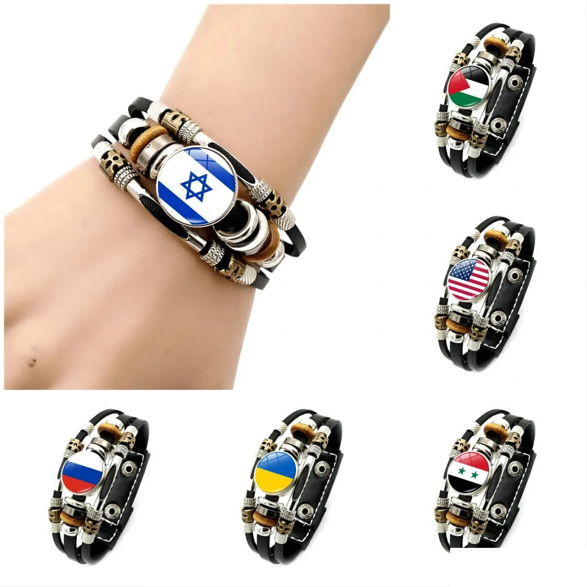 Charm Bracelets Israeli Palestinian Leather Bracelet for Women Punk Style Mti-layer Braided Beaded Drop Delivery Jewelry Brac Dhodb