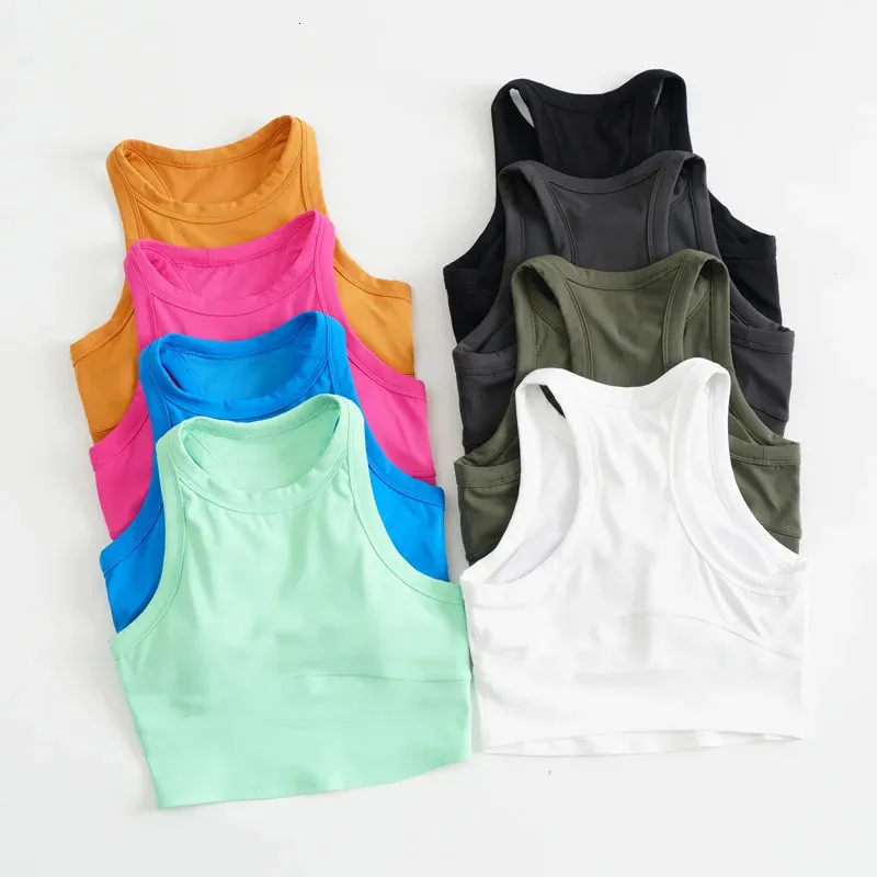 Kvinnor High Neck Lycra Sports Vest Medium Support Sweatwicking Yoga Crop Top Racerback Gym Running Built i BH TOPS 240113