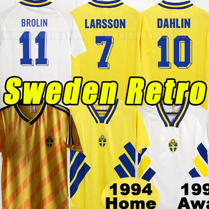 1994 Suède Larsson Mens Soccer Jerseys Team National Retro Dahlin Brolin Ingesson Home Yellow Away White Adult Brolin Football Shirts Uniforms