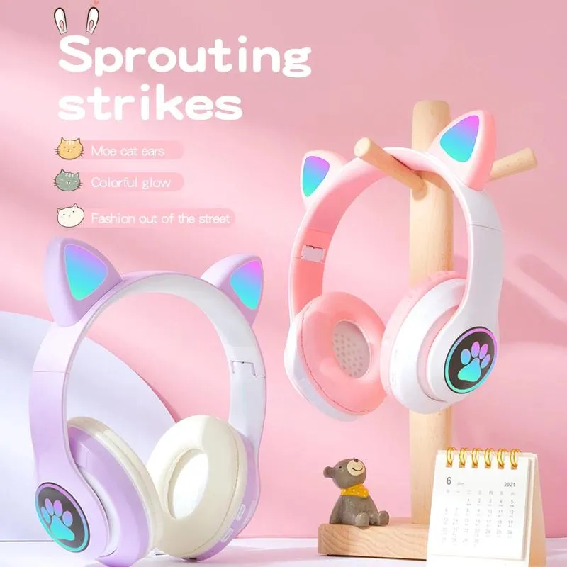 Écouteurs Flash Led Mignon Chat Oreille Bluetooth Casque Enfant Fille Musique Casque Sans Fil Tf Carte Gaming Écouteur avec Micro Téléphone Casques Cadeau