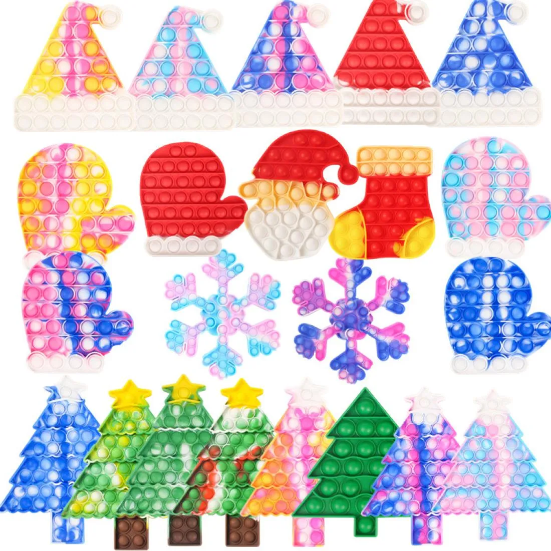Tie Dye Xmas Tree Toys Sensory Push Bubble pers Board Christmas HAT Santa Mitten Stocking Shape Poo its Puzzle Party Ornament Kids Educational Toy G69PFN91731755
