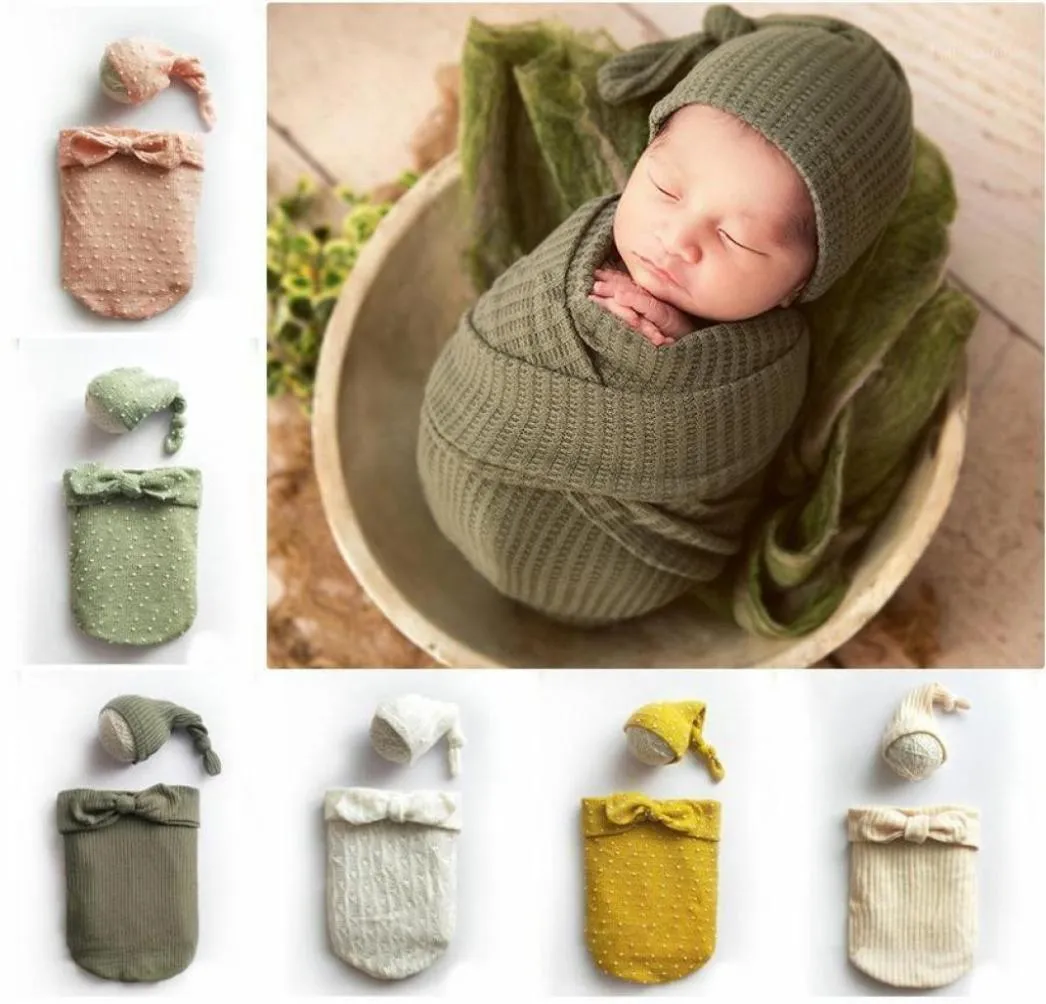 Mützen Hüte Born Baby Pography Swaddle Schlafsack Hut 2 Stück Sets Wolle gestrickt Unisex Junge Mädchen Po Kostüme Kleidung Stretchy18146932