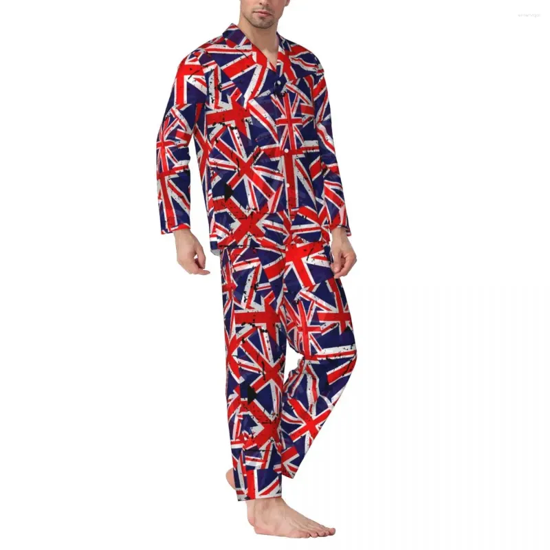 Men's Sleepwear British Flag Pajama Sets Autumn Union Flags Comfortable Home Men 2 Pieces Retro Oversize Graphic Nightwear Gift Idea