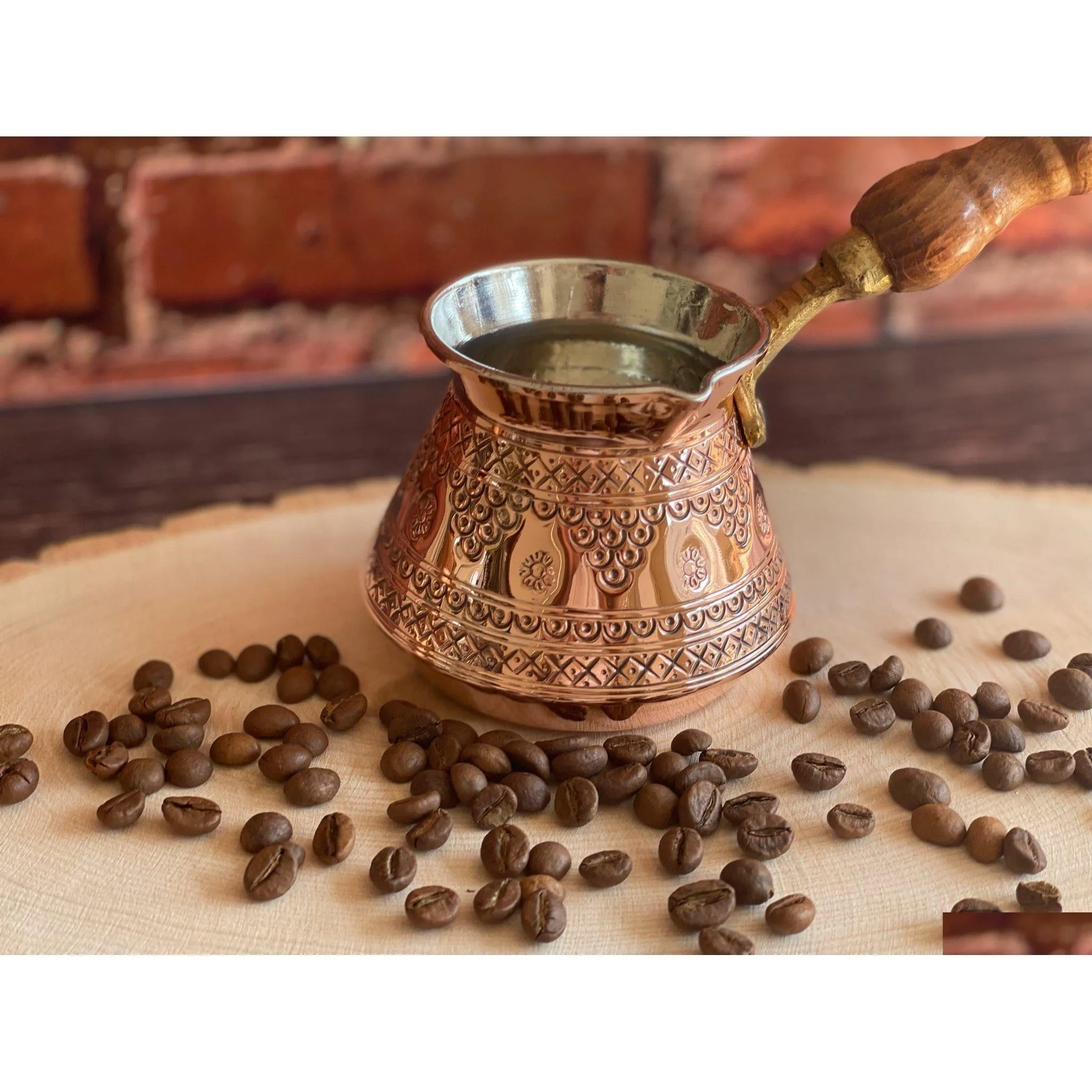 Coffee Pots Handmade Turkish Copper Pot Turkish-Greek-Arabic-Moroccan Maker Cezve Briki Stovetop Drop Delivery Home Garden Kitchen D Dhnq6