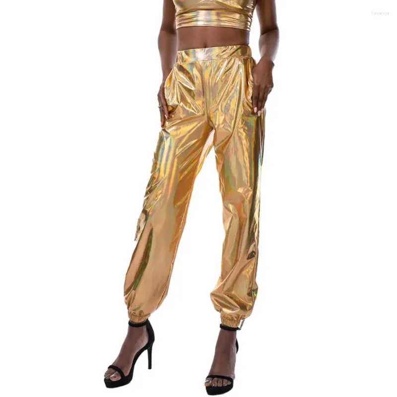 Pantalon femme taille haute métallique brillant jogger décontracté holographique couleur streetwear pantalon femme mode lisse réfléchissant hip hop
