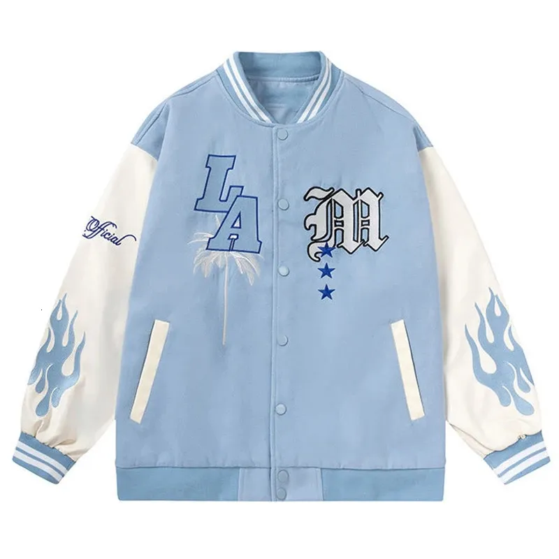 Brev Broderi Mäns basebolljacka Y2K Flame Leather Varsity Jacket Windbreaker High Street Hip-Hop Vintage Coat Clothing 240113