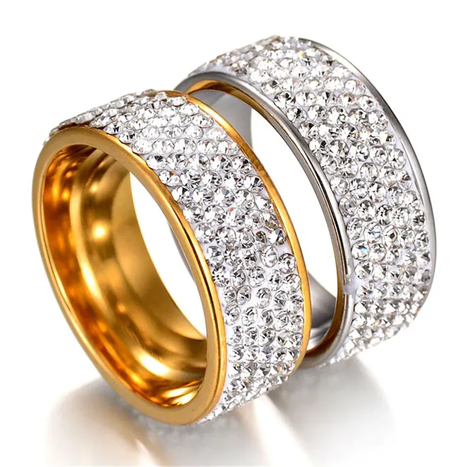 Anéis de casamento hip hop com strass cheio de brilho, cor dourada 14k, anéis de ouro branco para homens e mulheres, joias