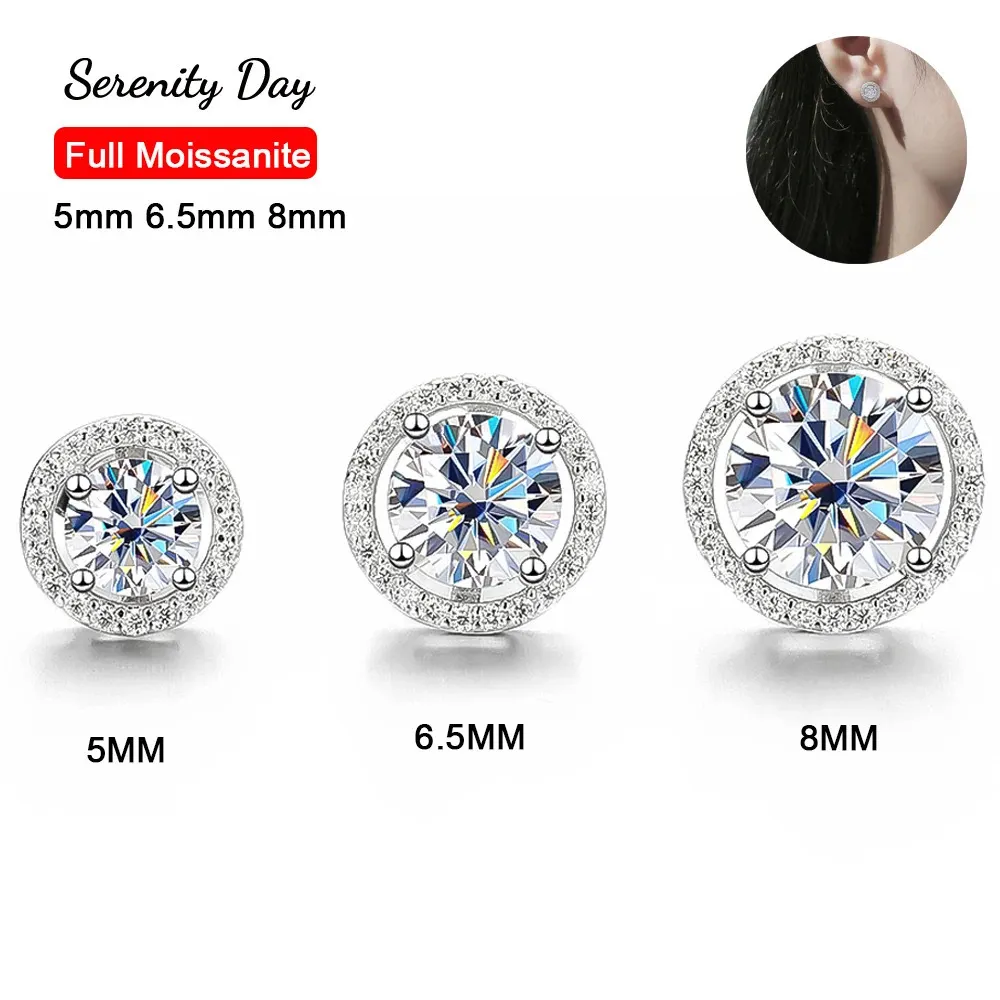 Serenty Day Four Claw D Color 5mm 65mm 8mm Full Stud Earring For Women S925 Sterling Silver Plate PT950 Fine Jewelry 240112