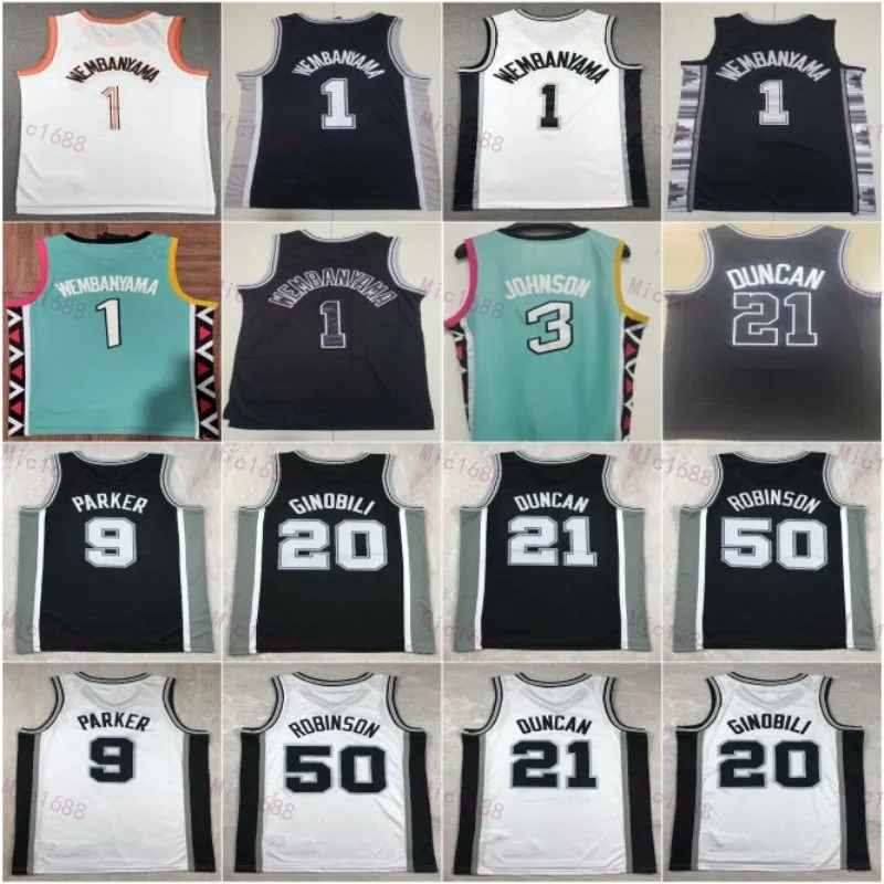 Stitch City Basketball Victor Wembanyama Jersey 1 Hommes Keldon Johnson 3 Manu Ginobili 20 Tim Duncan 21 Team Noir Blanc Gris Couleur gagné classique pour les fans de sport Chemise