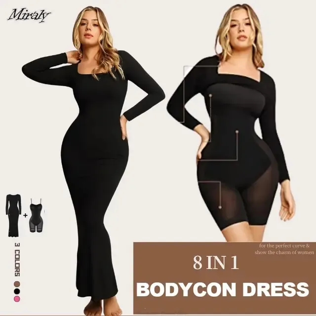 Long Sleeve Body Shaper Dress Bodycon MaxiMini Built In Shapewear Bra 8 1 Women  Tummy Control Lounge Dresses Slip 240113 From Keng04, $37.98