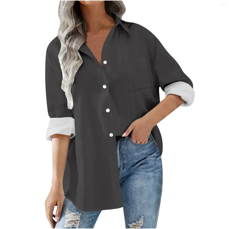 Camicette da donna 2024 Primavera Tasca Camicia lunga Camicetta Moda donna Camicie con maniche a bottone per ufficio Casual Magliette allentate Femme Nero