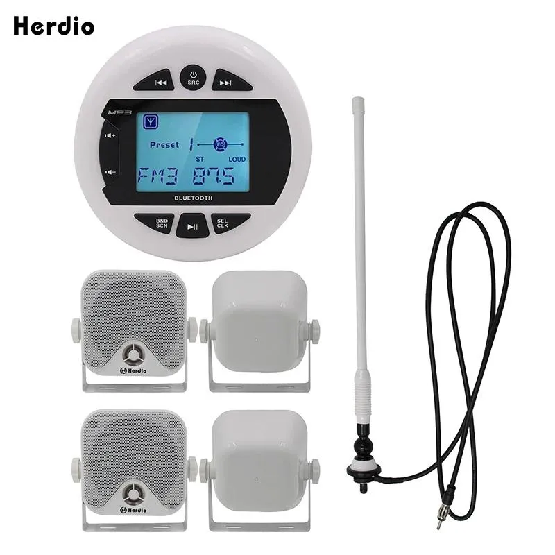 Speakers 4 Inch Mp3 USB AM FM Weatherproof Marine Meter Bluetooth Stereo Radio + 4 Inch Marine Surface Mount Speaker + Marine Antenna