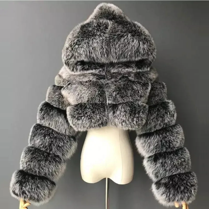 Wysokiej jakości futrzane płaszcze i kurtki dla kobiet puszysty płaszcz górny z kapturem zimowa kurtka futra manteau femme 240112