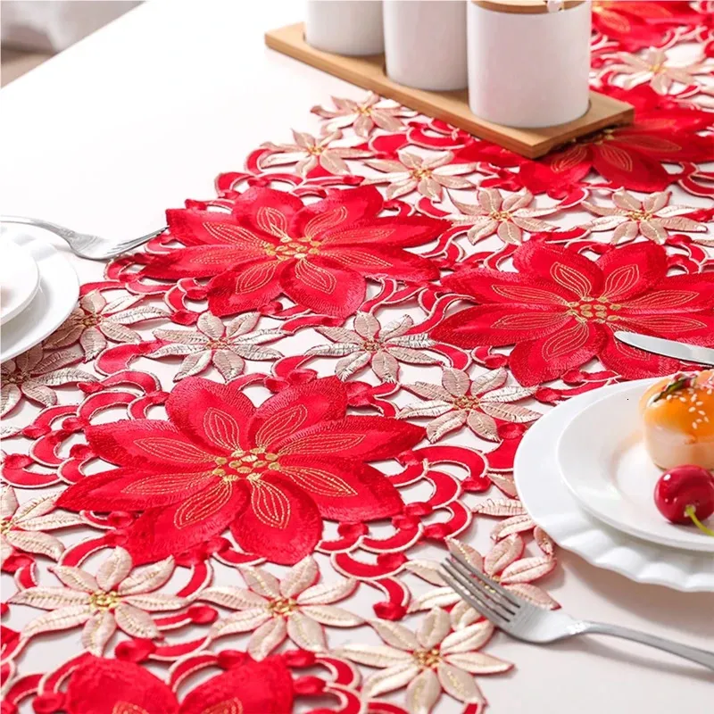 Holiday Christmas Table Runner Polyester Embroidered Floral Flower Dresser Scarf For Restaurant Kitchen Home 240112