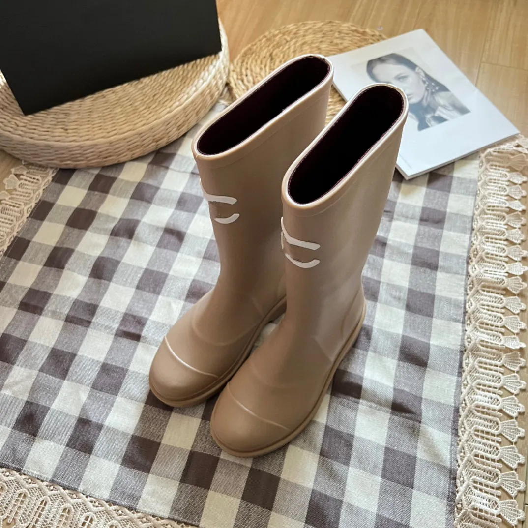 Fashion women designer rain boots over the knee c letter knee length long boots black khaki jelly rubber luxury women knee boots