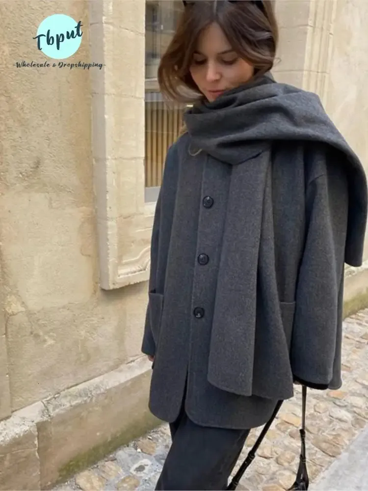 Automne hiver dame chaud Patchwork épais manteau femmes décontracté écharpe col simple boutonnage poche manteaux femme mode rue veste 240113