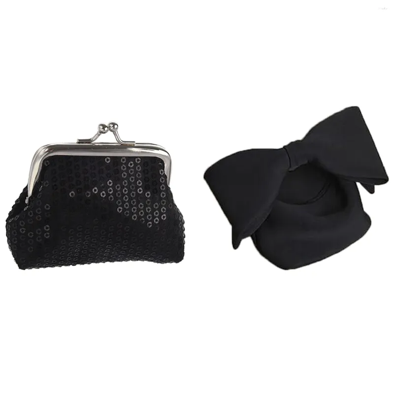 Evening Bags Women's Sequins Coin Purse Buckle Mini Wallet(Black) & Designer Women Handbags Bow Day Clutches Bag (Black)