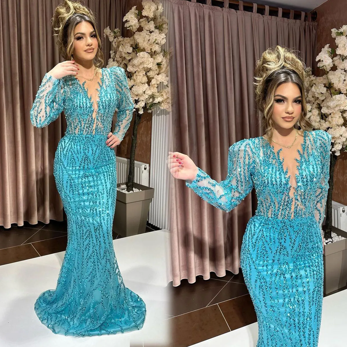 Exquisite Beading Mermaid Evening Dresses V-Neck Portrait Special Occasion Dresses Tulle Women Sweep Train Prom Gowns for Party Customized Size D-L24017