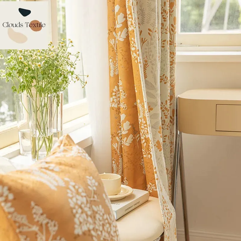Amerikansk bomull och linne jacquard gardin orange varm färg pastoral litterär retro stil sovrum fönster gardin 240113