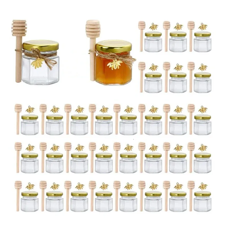 1,5 oz zeshoekige mini glazen pot met houten lepel, gouden deksel, bijenhanger, jute touw, kleine containers, flessen voor jam, snoepjes, honing Bab 240113