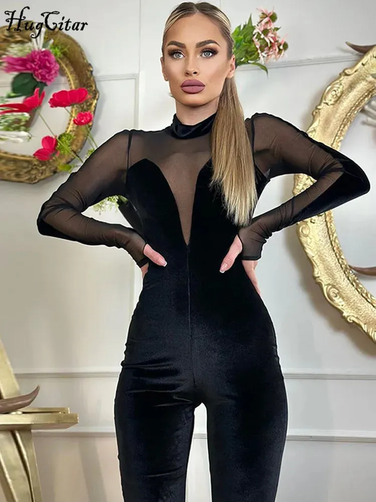 Hugcitar Velvet Long Sleeve Patchwork Mesh Zip Up See Through Sexy BodyCon Jumpsuit Winter Women Fashion Party Nightclub Romper 240112