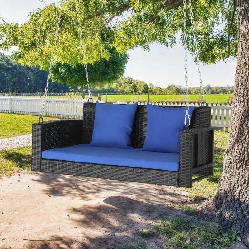 Camp Furniture – chaise pivotante de 49 pouces, banc à coussin bleu en rotin PE noir avec dossier, facile à installer