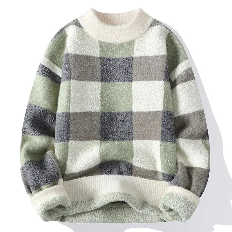 Höst- och vinter tjock tröja Mensar Rund Neck Pullover Youth Warm Stripes 240113