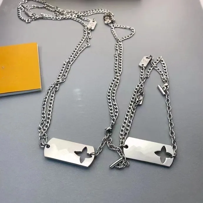 Novas jóias de luxo titânio aço prata pendurado tag carta dupla camada pulseira moda masculina e feminina colar