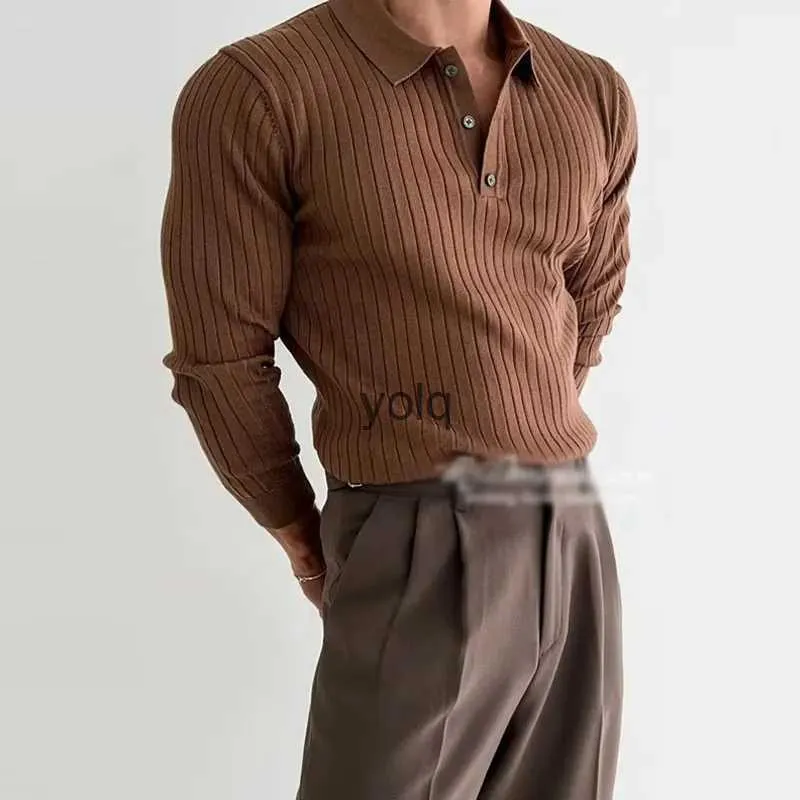 Мужские поло, осенняя трикотажная рубашка с длинным рукавом, мужская мода, однотонные тонкие футболки в рубчик, трикотажные мужские повседневные пуловеры с лацканами на пуговицах