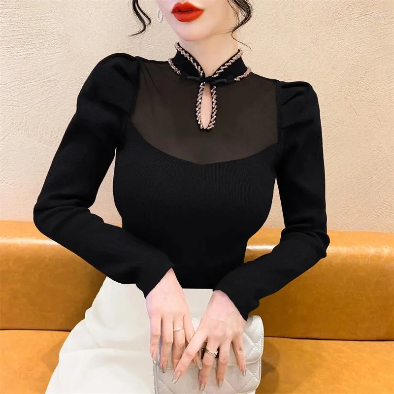 Women's Sweaters 2024 Fall Winter Clothes Knitted Sweater Fashion Sexy Stand Hollow Out Patchwork Mesh Shiny Beading Women Long Sleeve Tops