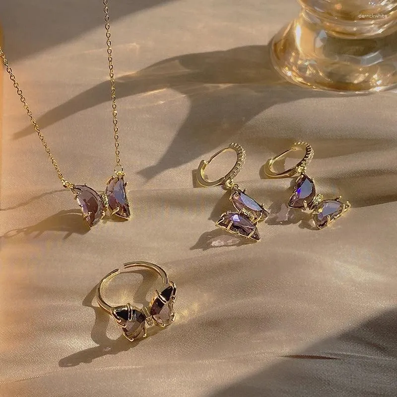 Pendant Necklaces Light Luxury Purple Crystal Butterfly Jewelry Set Women's Fashion Collarbone Chain Stud Earrings Ring Gift