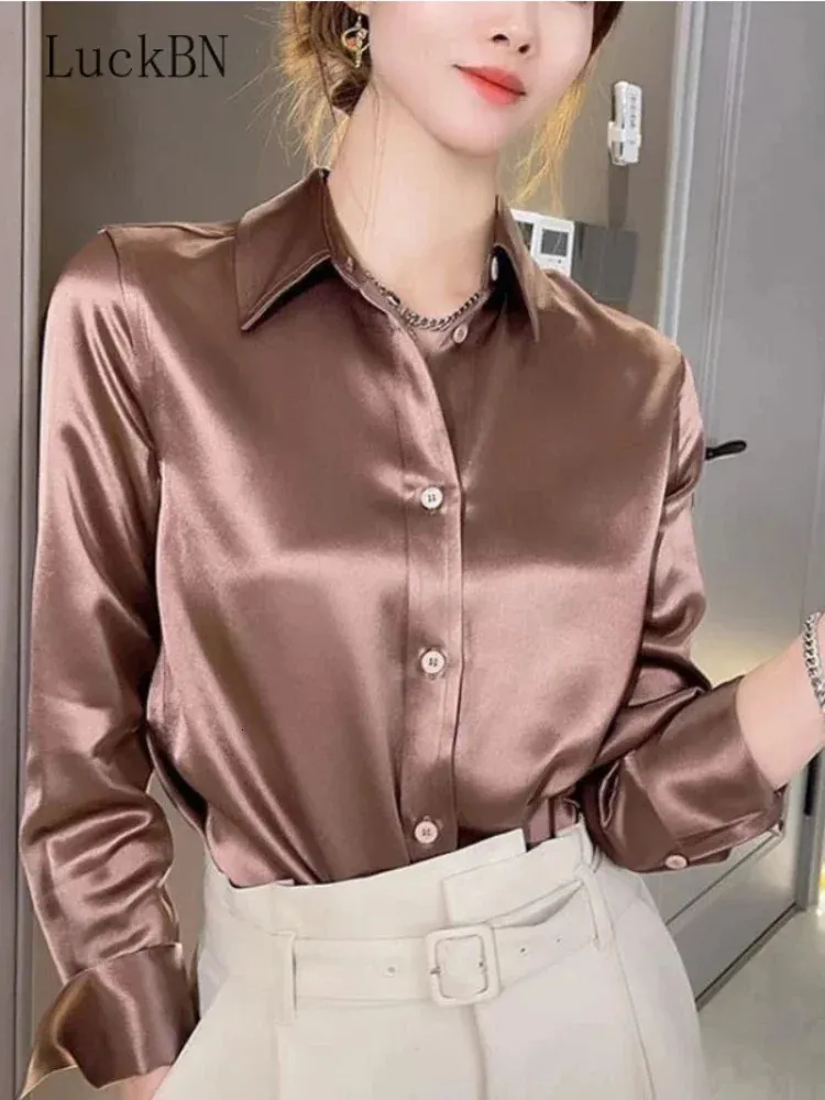 Marque qualité luxe femmes chemise élégant bureau boutonné à manches longues chemises Momi soie crêpe Satin Blouses affaires haut pour femme 240112