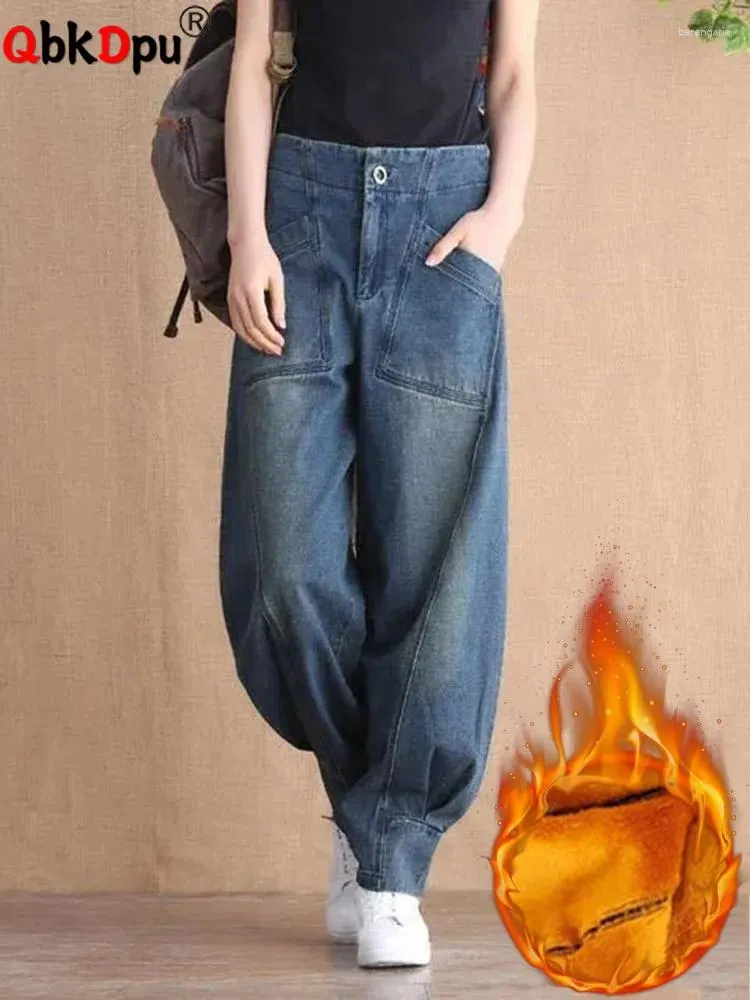 Женские джинсы, зимние шаровары с высокой талией до щиколотки, винтажные теплые джинсовые брюки, женские плюшевые брюки на бархатной подкладке, большие брюки весом 75 кг