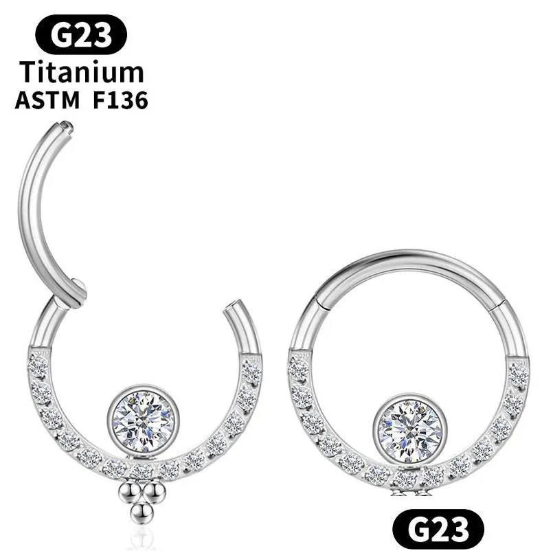 Anéis de nariz Studs Septo Piercing Y Nariz Anel Tragus Cartilagem Dobradiça Segmento Titânio Zircão Mulheres G23 Daith Helix Clicker Ball Body Ot8Vp