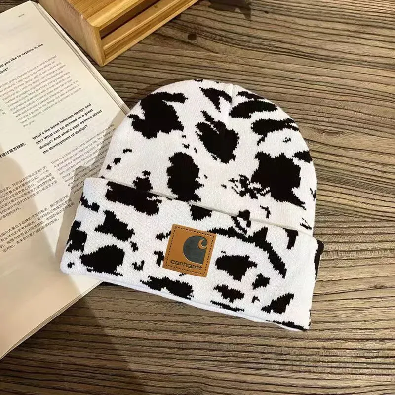 Carharttly Gothic Cow Pattern Wool Acrylic Knitted Hat Women Beanie Winter Warm Beanies Grunge Hip Hop Casual Outdoor Cap