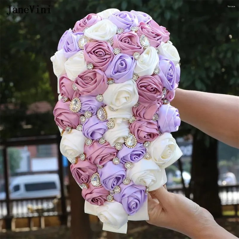 Fiori nuziali JaneVini Affascinanti mazzi di cascate viola chiaro per la sposa Gioielli di bouquet finti a cascata con diamanti di lusso