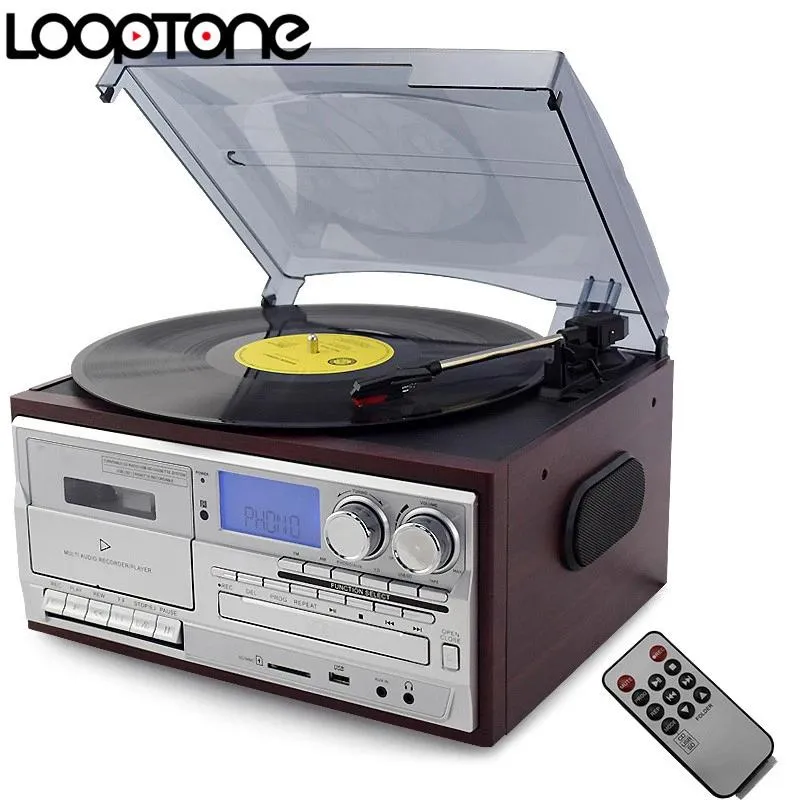 Aksesuarlar Looptone 3 Hızlı BluetoothCompatable Vinil LP Kayıt Çalar Vintage Gramofon Fon CDCasette FM/AM Radyo USB REC