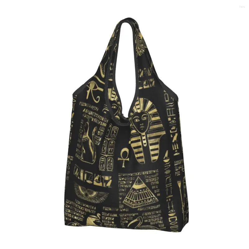 Sacos de compras Engraçado Impressão Hieróglifos Egípcios e Divindades Tote Portátil Ombro Shopper Antigo Egito Bolsa