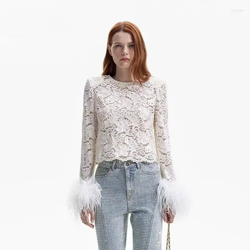 Women's Blouses Women Early Spring High-end Ivory Lace Embroidered Floral Feather Long-sleeved Short Top