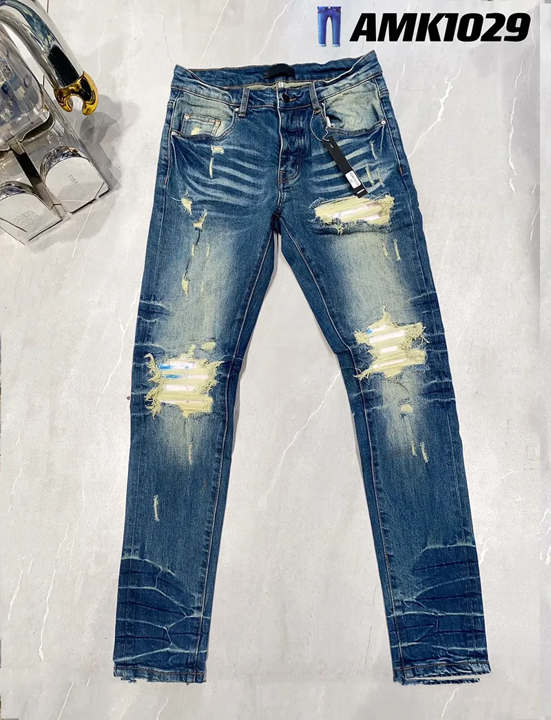 Дизайнерские мужские джинсы Amirs High Street Hole Star Patch Мужские женские брюки Amirs со звездной вышивкой и вставками Эластичные брюки облегающего кроя Джинсовые брюки Новый стиль 614