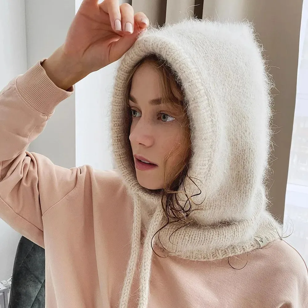 Femme hiver lapin fourrure chapeaux cagoule Beanie unisexe laine tricoté à capuche solide décontracté Bonnets pour les filles 240113