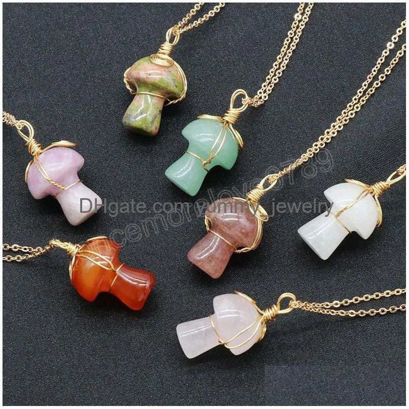 Mignon Champignon Charme Pierre Naturelle Pendentif Collier Guérison Agates Jades Violet Rose Quartz Pendum Fil Wrap Cristal Bijoux Drop Deli Dhysj