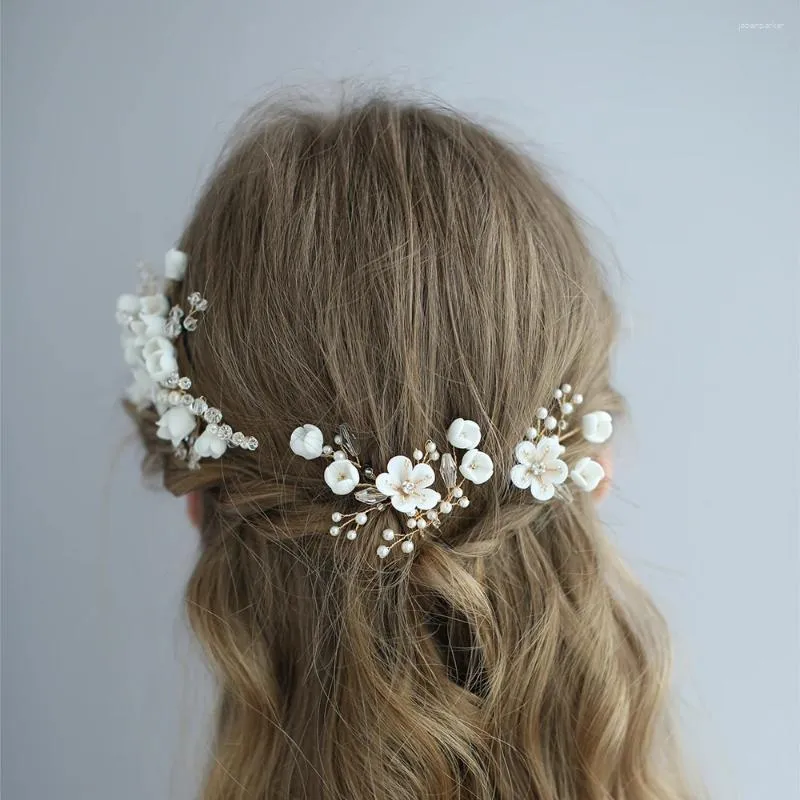 Grampos de cabelo pérola frisado floral nupcial conjunto artesanal argila flor pinos jóias de casamento