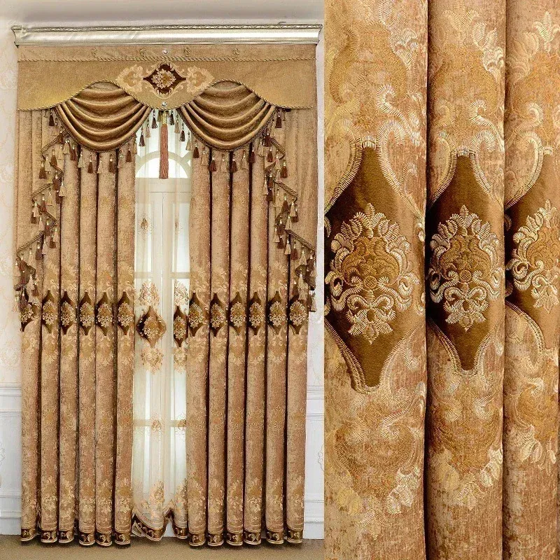 Embroidered Blackout Curtain for Living Room Curtain for Bedroom Windows European Chenille Valance Tulle European Brown 240113