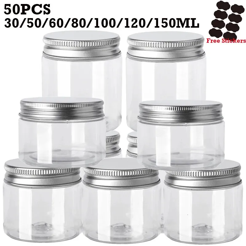 50pcs/Lot 30/50/60/80/100/120/150ML Storage Jars Empty Plastic Jar With Aluminum Lid Cosmetic Containers Face Cream Sample Pot 240113