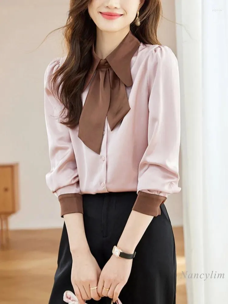 Women's Blouses Fashion Acetate Satin Shirt Long Sleeve High Sense 2024 Spring Lace-up Bow Top Design Niche Blusas
