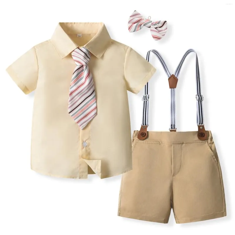 Ensembles de vêtements pour bébés garçons, costumes d'été pour tout-petits, chemise courte formelle, cravate, short à bretelles, tenues de mariage pour hommes de 1 2 3 4 5 6 ans