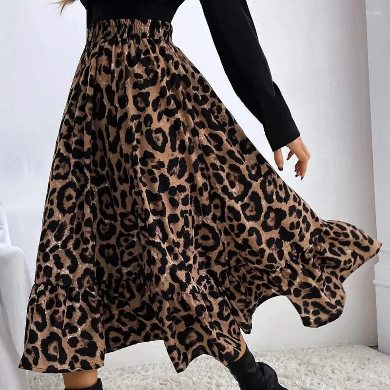 Юбки для женщин, винтажная элегантная сексуальная юбка с леопардовым принтом, Vestidos с высокой талией, свободный подол, полудлина, Faldas Ropa De Mujer