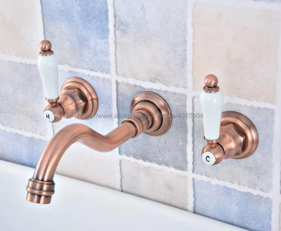 Bathroom Sink Faucets Basin Wall Mounted 3 Pcs Antique Red Copper Faucet Dual Handle Nsf525